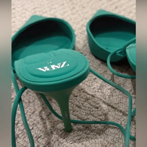 Zara Teal Pointed Lace-Up Kitten Heels - Picture 4 of 4